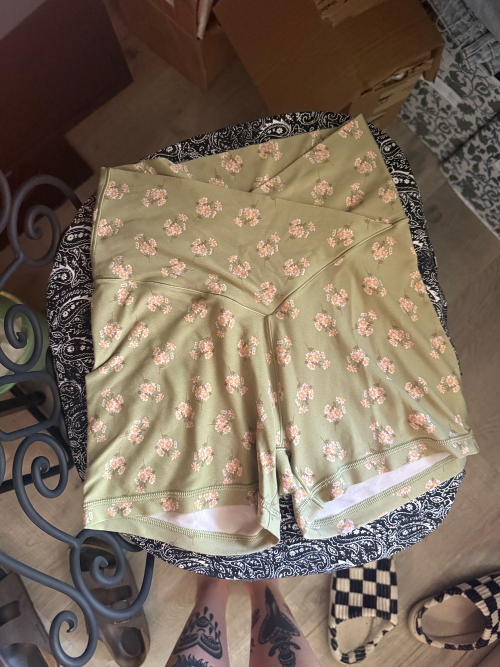 aerie Olive Green Floral High-Waist Bike Shorts